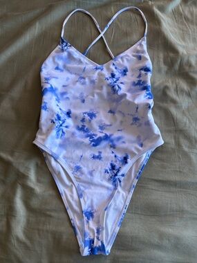 Forever 21 White and Blue Tie-Dye One-Piece Swimsuit